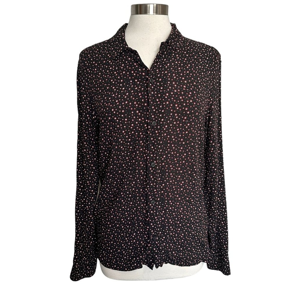 All Saints Womens SMALL Black Ditsy Star Print Collared Button Long Sleeve Shirt